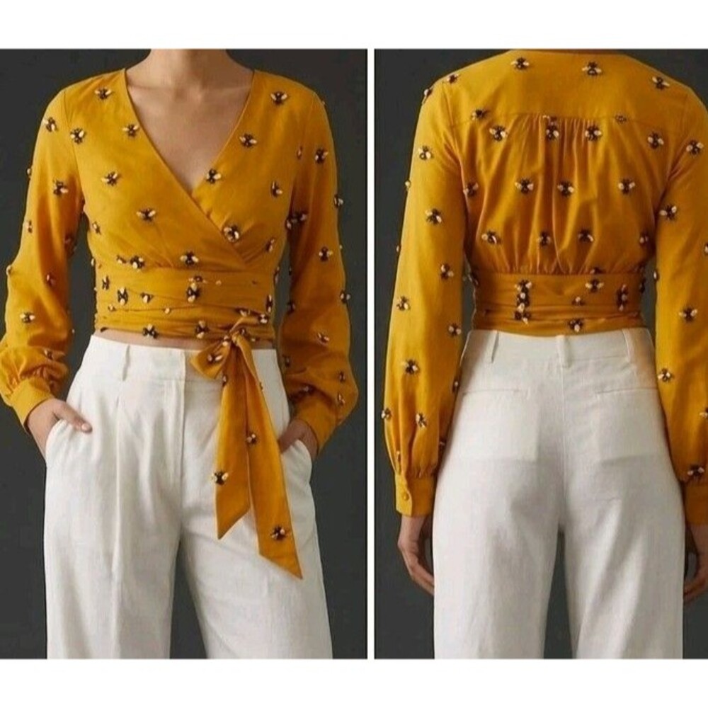 Maeve Anthropologie Bee Embroidered Long Sleeve Wrap Crop Top Yellow Sz 0 Flaw